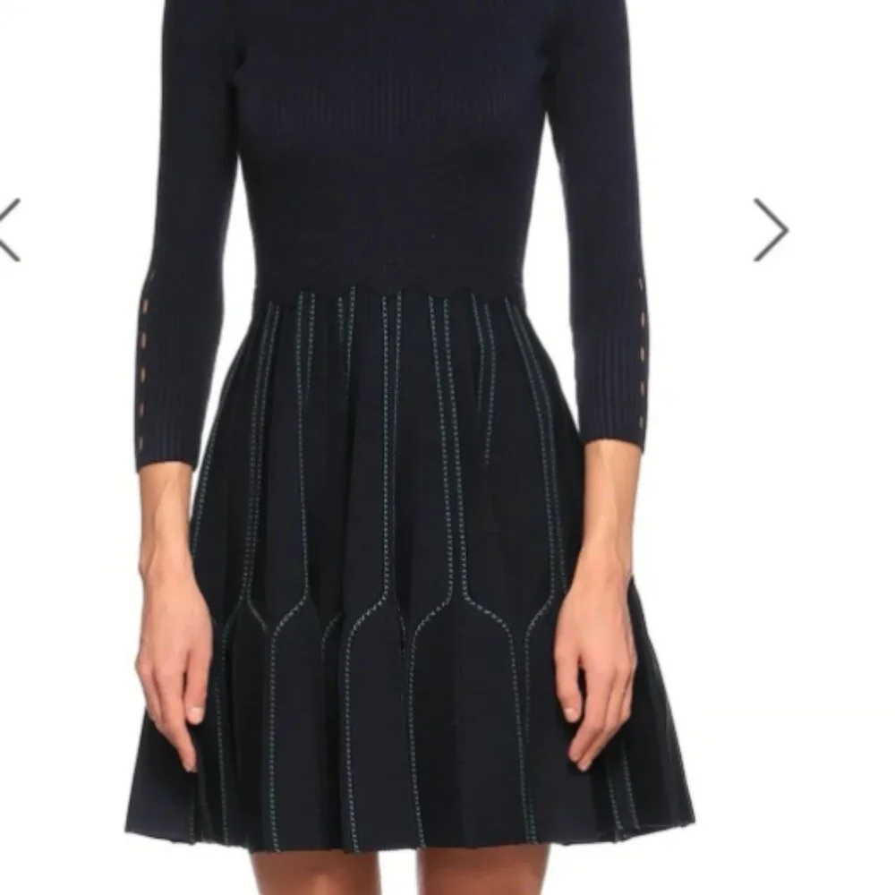 Sandro Paris Ribbed Knit Pleated Fit&Flare Pointell Dress Boatneck size 38 - Picture 3 of 10